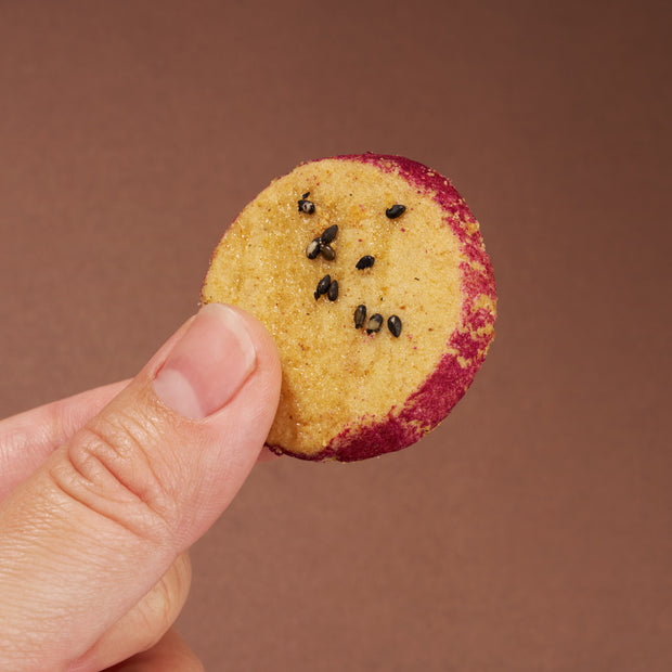 A hand holds a round, golden cookie with a purple edge and black sesame seeds—one of the authentic snacks featured in the April '26 Bokksu: Handpicked in Japan.