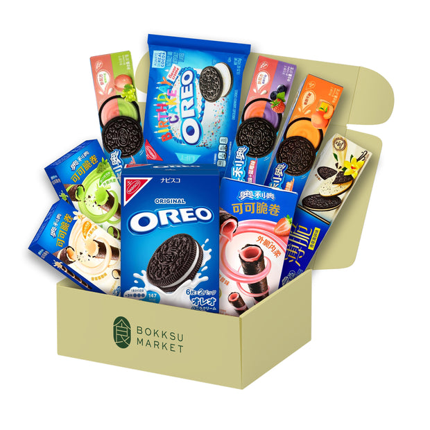 An open box filled with Oreo Bundle packages in various flavors and colorful designs, branded Bokksu Market.