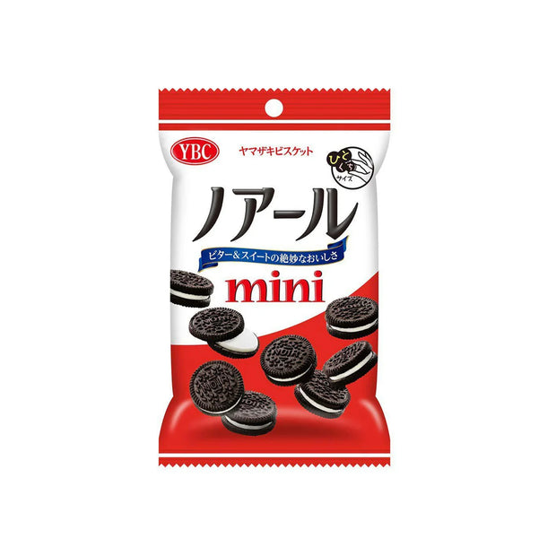 Enjoy a bag of YBC Noir mini sandwich cookies with chocolate filling, featuring authentic Japanese packaging and tempting cookie images—an irresistible treat that's perfect as part of the Dagashi Snack Crate: a 30-piece Japanese snack variety box filled with candy, chocolate, cookies, mochi, and Ramune treats.