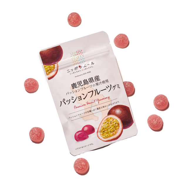 The Premium Japanese Fresh Gummy Set (Plastic Bag) is displayed on a white background, with round pink passion fruit gummies arranged around the package.