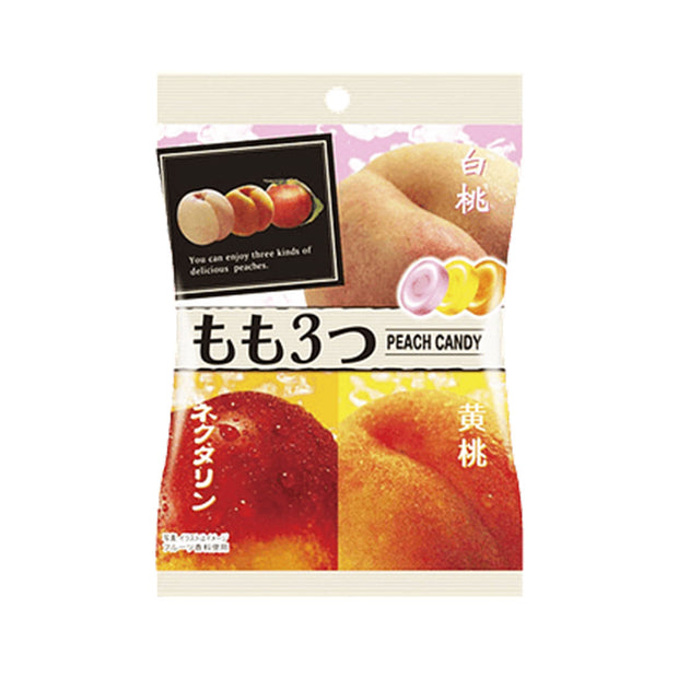 Pine Candy: 3 Peach Flavors is a Japanese candy pack with three peach varieties and round Pine Candy on the front, plus Japanese and English text.