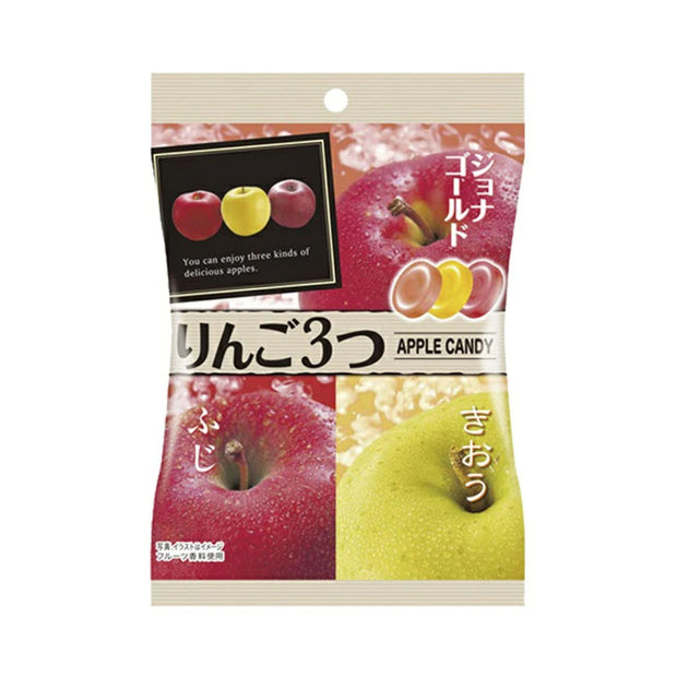 Pine Candy: 3 Apple Flavors features red and green apple images with Jonagold, Fuji apple, and Kio varieties. The packaging displays both Japanese and English text for this tasty Japanese candy.