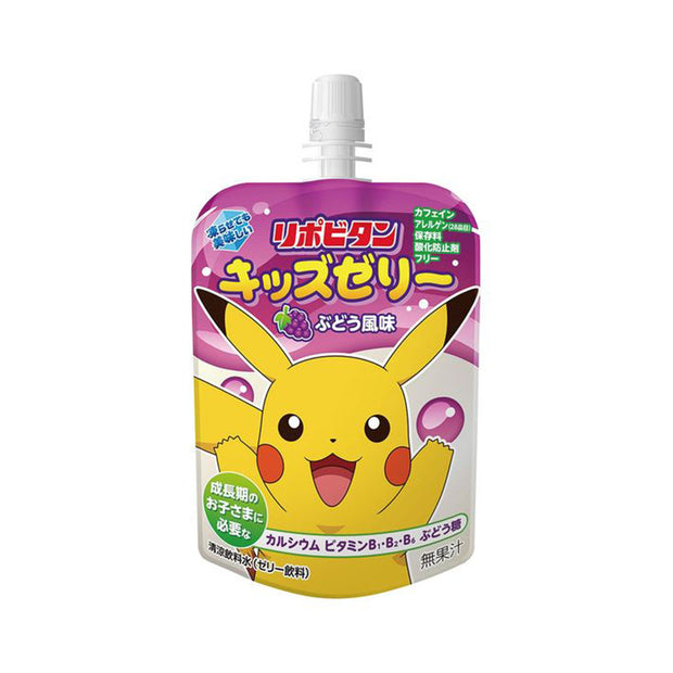A pouch of Lipovitan Kids Jelly Drink: Grape with Pokémon-themed packaging featuring Pikachu, purple accents, and Japanese text highlighting the grape flavor and nutritional information.