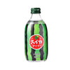 A transparent glass bottle with a green, watermelon-themed label featuring Japanese text, filled with Tomomasu Cider: Watermelon—a light, sparkling beverage.