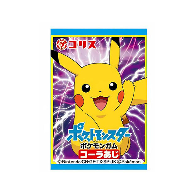 The Coris Pokemon Gum: Bubble Gum from Bokksu Market showcases Pikachu, a cartoon yellow creature with red cheeks, against a lightning backdrop. Japanese text frames this lively illustration, blending iconic charm with vibrant design.