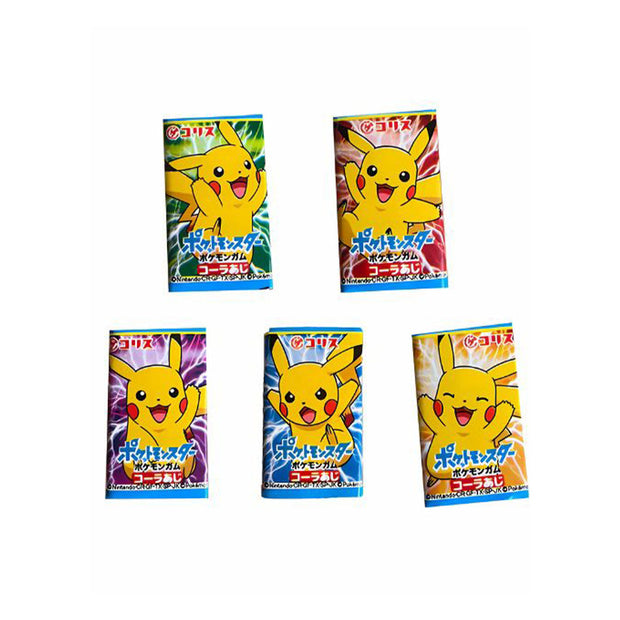 Five vibrant packages of Bokksu Market's Coris Pokemon Bubble Gum featuring Pikachu from Pokémon are styled like collectible packs and set against a crisp white background.