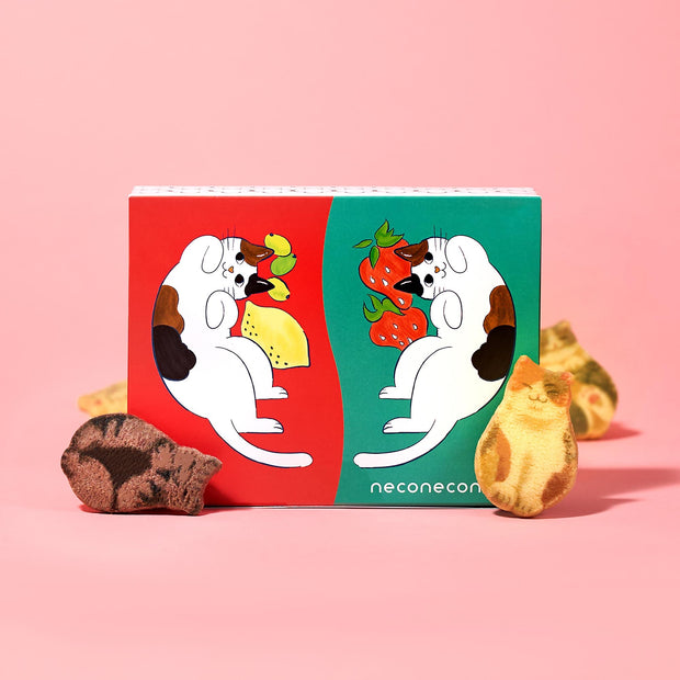 Bokksu’s The Cat Lover's Box features two illustrated cats and fruit, cat-shaped cookies, and playful Manekineko Jelly, all set against a pink backdrop.