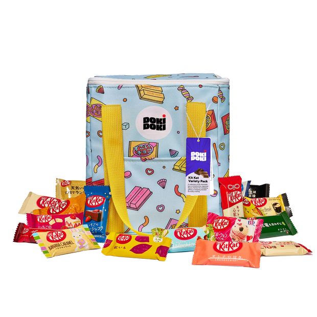 A blue insulated bag with yellow handles and candy illustrations is pictured alongside the Doki Doki Kit Kat Variety Pack (50 Pcs), featuring Japanese Kit Kats in colorful wrappers.