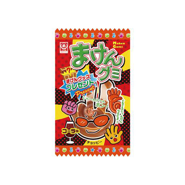 Colorful Japanese candy package featuring cartoon hand shapes, playful text, and cola imagery. The predominantly red packaging with yellow, blue, and black accents makes it a perfect choice for fans of quirky snacks or as a standout treat in the Dagashi Snack Crate - 30-Piece Japanese Snack Variety Box with Candy, Chocolate, Cookies, Mochi & Ramune Treats.