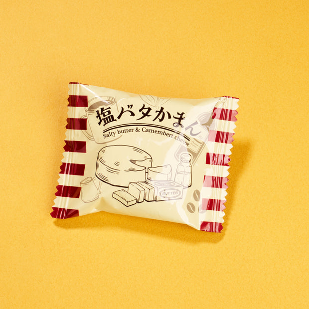 A packaged Japanese snack from April '26 Bokksu: Handpicked in Japan, labeled "Salty butter & Camembert cheese" and featuring cheese, butter, and milk bottle illustrations on a yellow background—a delicious regional specialty.