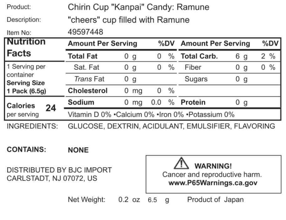 Label for Chirin Cup Kanpai Candy: Ramune by Sugoi Mart Retail, offering the refreshing taste of Japanese Ramune. Nutrition facts include 24 calories per serving, with zero fat and cholesterol, and 6g of carbohydrates. Made with glucose, dextrin, acidulant, emulsifier, and flavoring—a perfect choice for fans of fizzy candies!