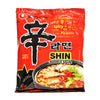 A package of Nongshim Shin Ramyun Spicy Ramen showcases striking red packaging, with a depiction of instant ramyun noodles prominently displayed on the front, complemented by a savory beef and vegetable-based broth.