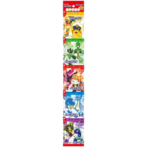 A vertical strip of six colorful Japanese candy packages, each showcasing different Pokémon characters on individual wrappers—an ideal treat for including in the Dagashi Snack Crate - 30-Piece Japanese Snack Variety Box with Candy, Chocolate, Cookies, Mochi & Ramune Treats, or as a fun collectible addition to your Japanese snack assortment.