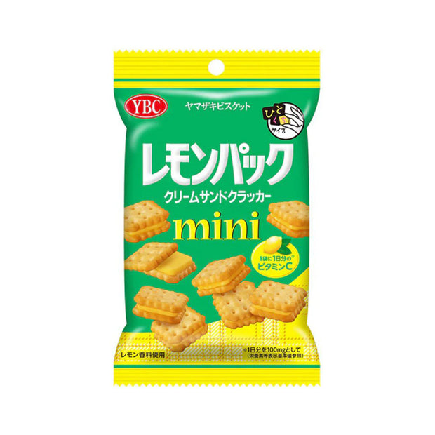 A yellow and green bag of YBC Lemon Pack Mini cream sandwich crackers, featuring images of crackers and lemons on the packaging—a delightful treat included in the Dagashi Snack Crate 30-Piece Japanese Snack Variety Box, perfect for exploring unique Japanese snacks like candy, chocolate, cookies, mochi, and Ramune treats.