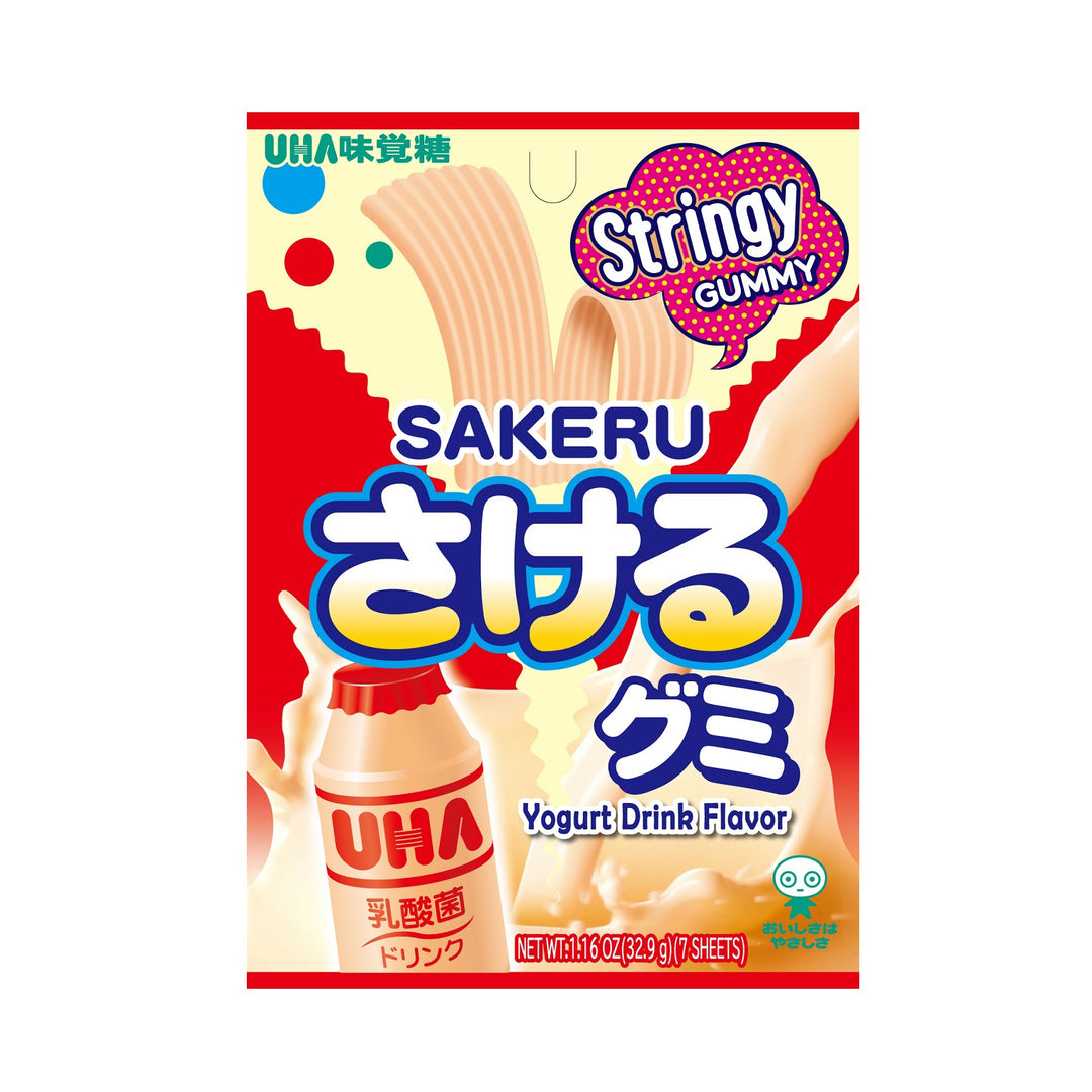 A package of Uha Sakeru Gummy: Yogurt (7 pieces) by Uha Mikakuto. The packaging features Japanese text, colorful graphics, and an image of the gummy strips alongside a yogurt drink.