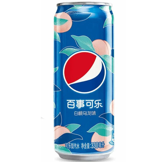 A limited-edition Pepsi Cola: White Peach & Oolong can, featuring blue packaging with peach illustrations and Chinese text, has a net volume of 330 ml.