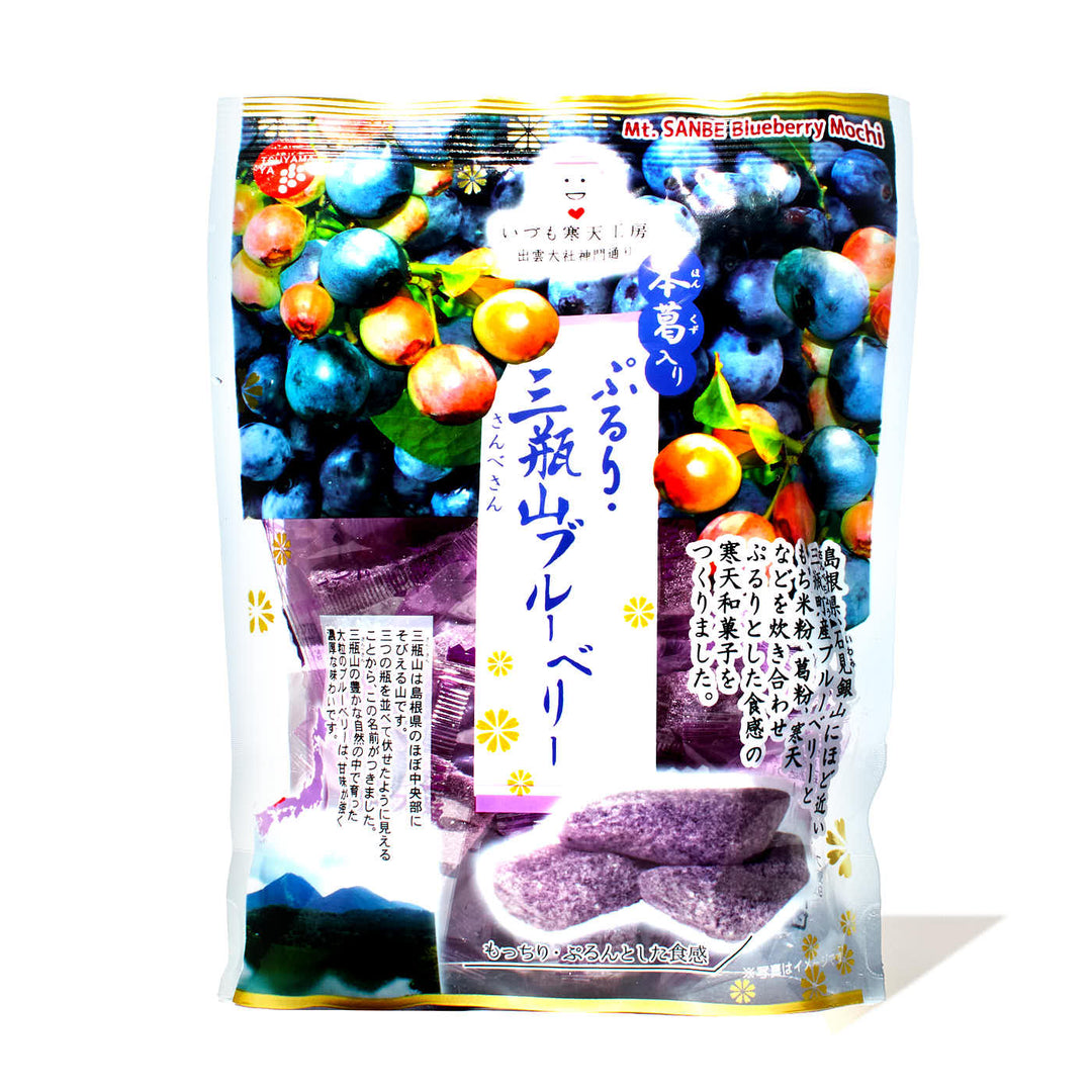 A bag of Tsuyamaya Seika Kuzu Mochi: Blueberry with Japanese writing on it.